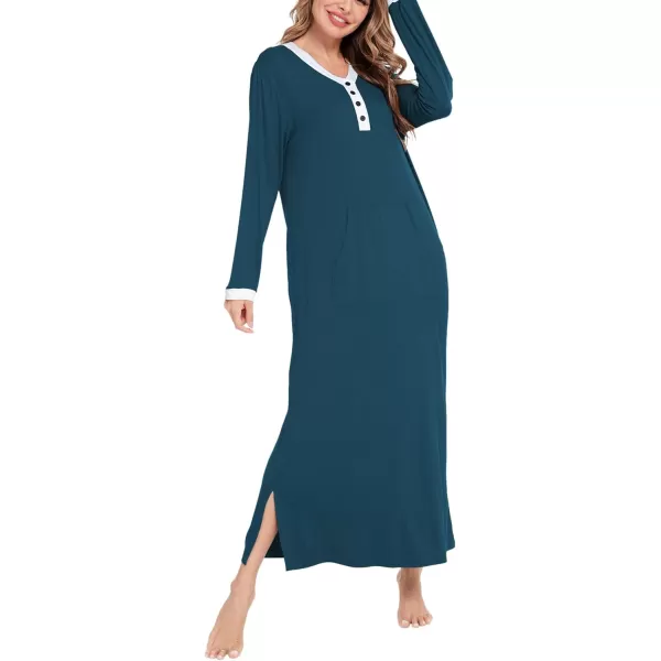 SWOMOG Womens Nightgown Long Sleeve Sleep Shirts Oversized Sleep Dress Long Soft Housecoat With PocketsBlue Green