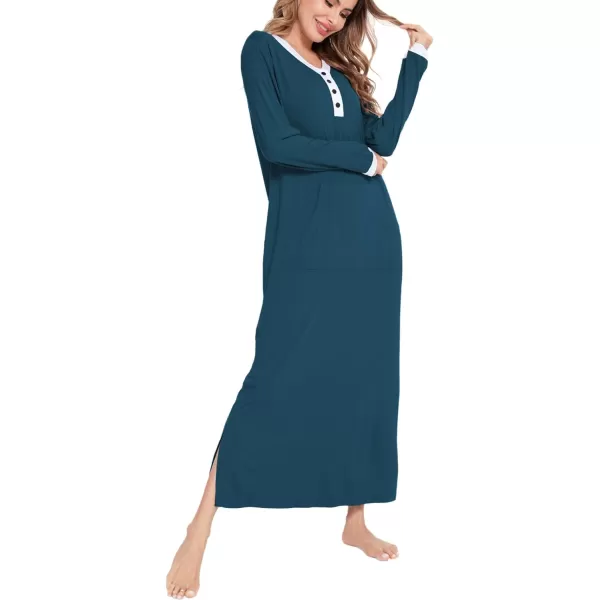 SWOMOG Womens Nightgown Long Sleeve Sleep Shirts Oversized Sleep Dress Long Soft Housecoat With PocketsBlue Green