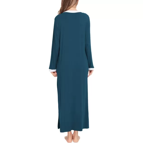 SWOMOG Womens Nightgown Long Sleeve Sleep Shirts Oversized Sleep Dress Long Soft Housecoat With PocketsBlue Green