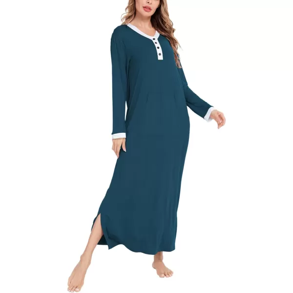 SWOMOG Womens Nightgown Long Sleeve Sleep Shirts Oversized Sleep Dress Long Soft Housecoat With PocketsBlue Green