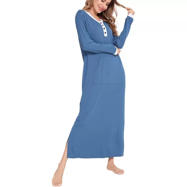 SWOMOG Womens Nightgown Long Sleeve Sleep Shirts Oversized Sleep Dress Long Soft Housecoat With PocketsDark Blue