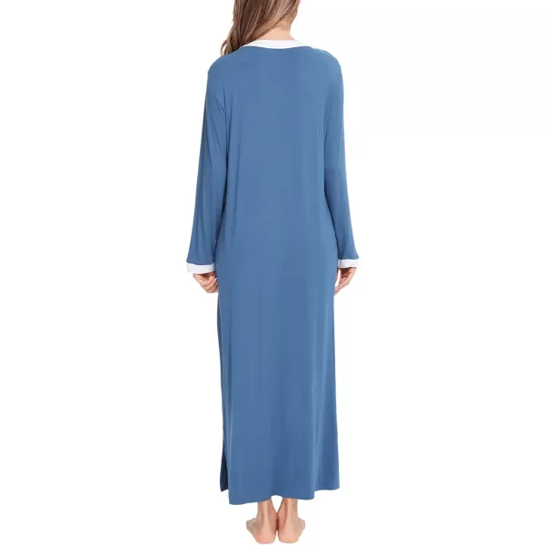 SWOMOG Womens Nightgown Long Sleeve Sleep Shirts Oversized Sleep Dress Long Soft Housecoat With PocketsDark Blue