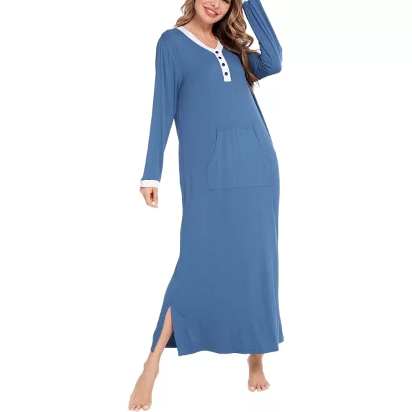 SWOMOG Womens Nightgown Long Sleeve Sleep Shirts Oversized Sleep Dress Long Soft Housecoat With PocketsDark Blue