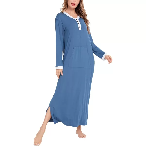 SWOMOG Womens Nightgown Long Sleeve Sleep Shirts Oversized Sleep Dress Long Soft Housecoat With PocketsDark Blue