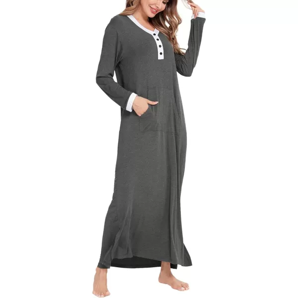 SWOMOG Womens Nightgown Long Sleeve Sleep Shirts Oversized Sleep Dress Long Soft Housecoat With PocketsDark Grey