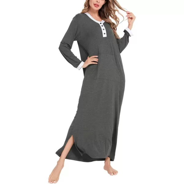 SWOMOG Womens Nightgown Long Sleeve Sleep Shirts Oversized Sleep Dress Long Soft Housecoat With PocketsDark Grey