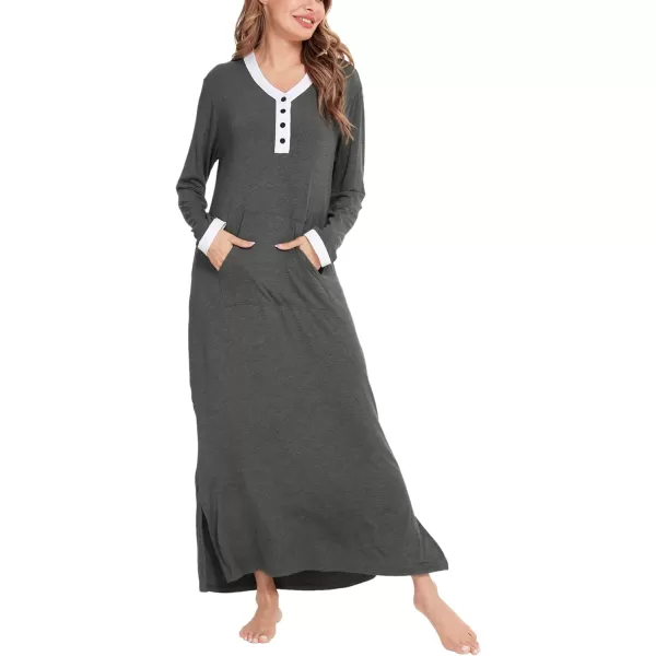 SWOMOG Womens Nightgown Long Sleeve Sleep Shirts Oversized Sleep Dress Long Soft Housecoat With PocketsDark Grey