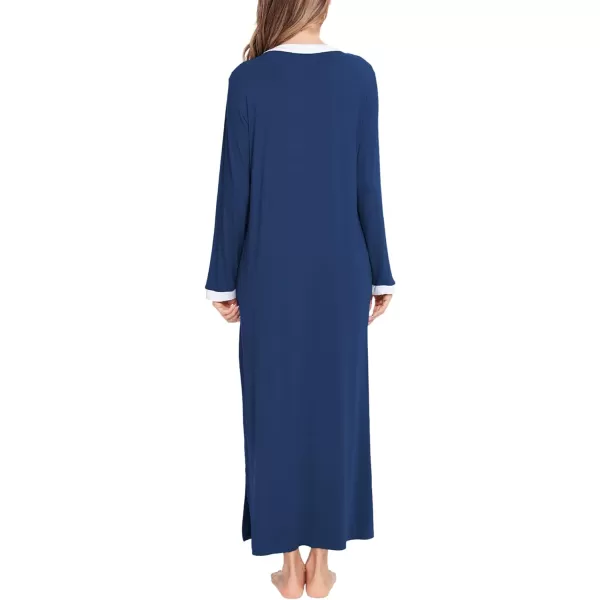 SWOMOG Womens Nightgown Long Sleeve Sleep Shirts Oversized Sleep Dress Long Soft Housecoat With PocketsNavy Blue