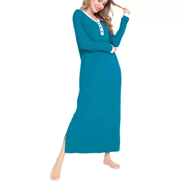 SWOMOG Womens Nightgown Long Sleeve Sleep Shirts Oversized Sleep Dress Long Soft Housecoat With PocketsPeacock Blue