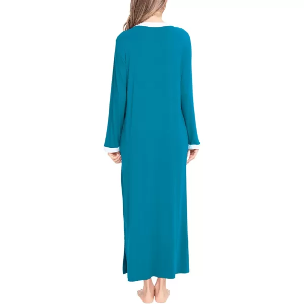 SWOMOG Womens Nightgown Long Sleeve Sleep Shirts Oversized Sleep Dress Long Soft Housecoat With PocketsPeacock Blue