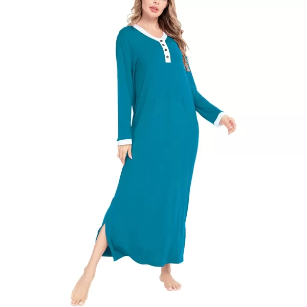 SWOMOG Womens Nightgown Long Sleeve Sleep Shirts Oversized Sleep Dress Long Soft Housecoat With PocketsPeacock Blue