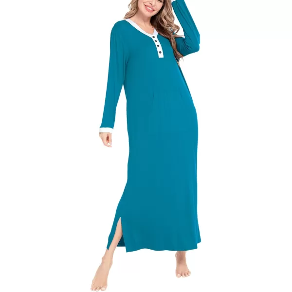 SWOMOG Womens Nightgown Long Sleeve Sleep Shirts Oversized Sleep Dress Long Soft Housecoat With PocketsPeacock Blue