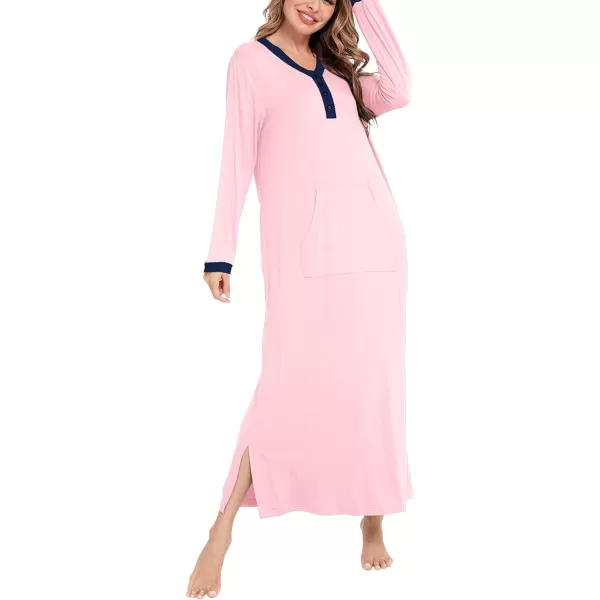 SWOMOG Womens Nightgown Long Sleeve Sleep Shirts Oversized Sleep Dress Long Soft Housecoat With PocketsPink