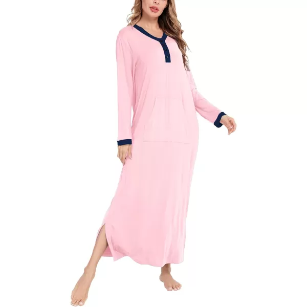 SWOMOG Womens Nightgown Long Sleeve Sleep Shirts Oversized Sleep Dress Long Soft Housecoat With PocketsPink