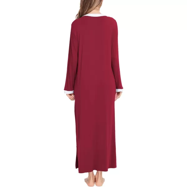 SWOMOG Womens Nightgown Long Sleeve Sleep Shirts Oversized Sleep Dress Long Soft Housecoat With PocketsWine Red