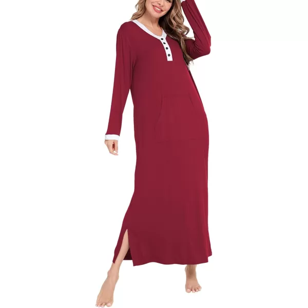 SWOMOG Womens Nightgown Long Sleeve Sleep Shirts Oversized Sleep Dress Long Soft Housecoat With PocketsWine Red