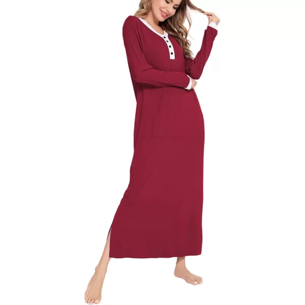 SWOMOG Womens Nightgown Long Sleeve Sleep Shirts Oversized Sleep Dress Long Soft Housecoat With PocketsWine Red