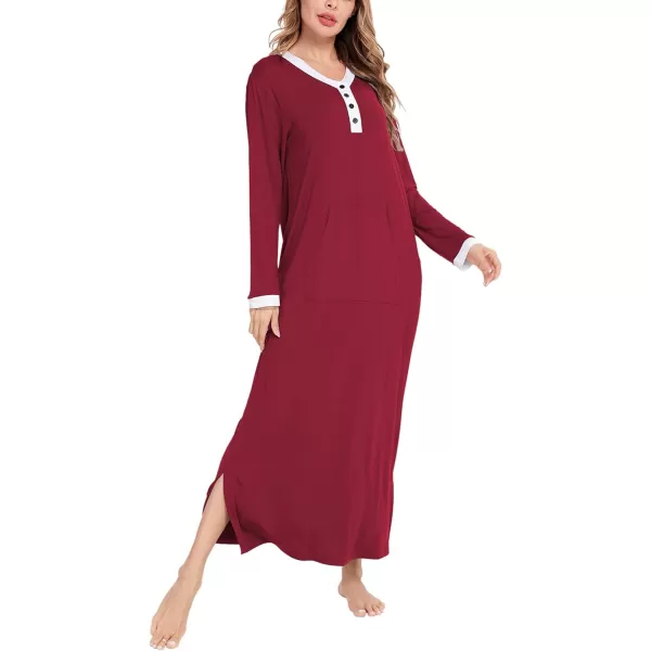 SWOMOG Womens Nightgown Long Sleeve Sleep Shirts Oversized Sleep Dress Long Soft Housecoat With PocketsWine Red