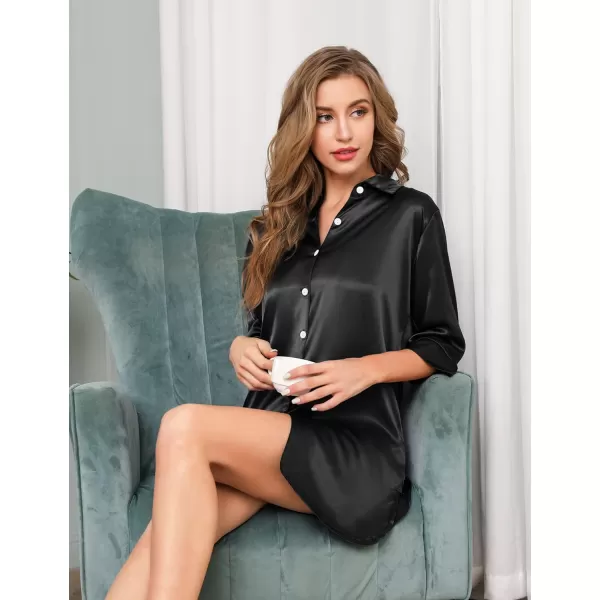 SWOMOG Womens Nightgown Satin Button Down Sleepshirt 34 Sleeve Nightshirt Silk Boyfriend Sleepwear0black