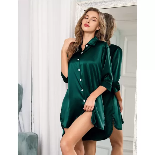 SWOMOG Womens Nightgown Satin Button Down Sleepshirt 34 Sleeve Nightshirt Silk Boyfriend Sleepwear0green