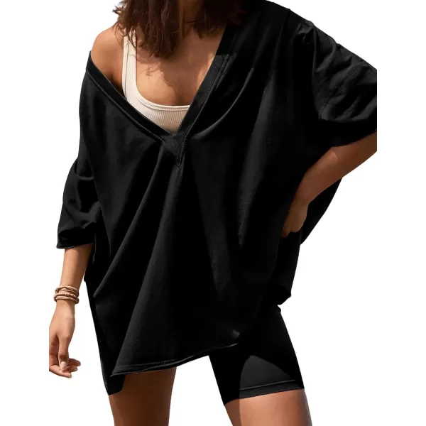 SWOMOG Womens Pajama Set 2 PCS Lounge Sets Oversized Tracksuit V Neck TShirts Short Sleeve Tops with Biker Shorts SetBlack