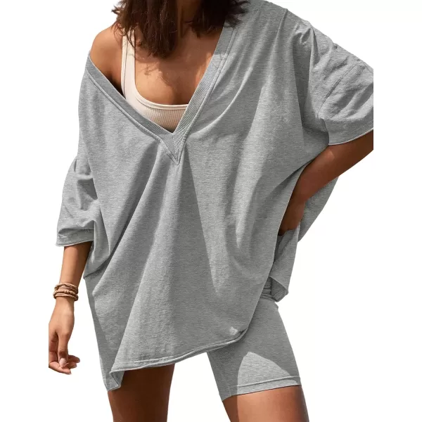 SWOMOG Womens Pajama Set 2 PCS Lounge Sets Oversized Tracksuit V Neck TShirts Short Sleeve Tops with Biker Shorts SetGrey