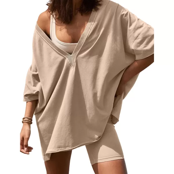 SWOMOG Womens Pajama Set 2 PCS Lounge Sets Oversized Tracksuit V Neck TShirts Short Sleeve Tops with Biker Shorts SetKhaki