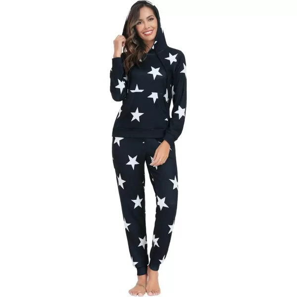 SWOMOG Womens Pajama Set Pullover Hoodie Pajamas Long Sleeve Warm Pjs with Kangaroo Pocket 2 Piece SleepwearBlack