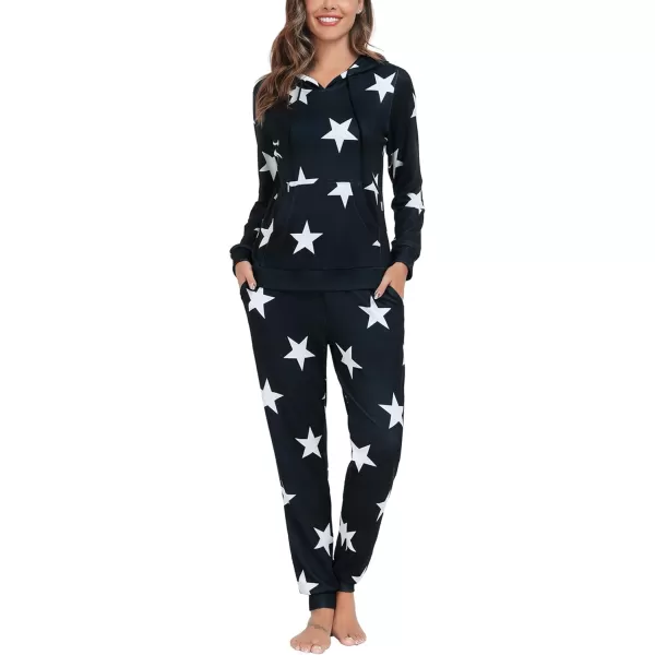 SWOMOG Womens Pajama Set Pullover Hoodie Pajamas Long Sleeve Warm Pjs with Kangaroo Pocket 2 Piece SleepwearBlack