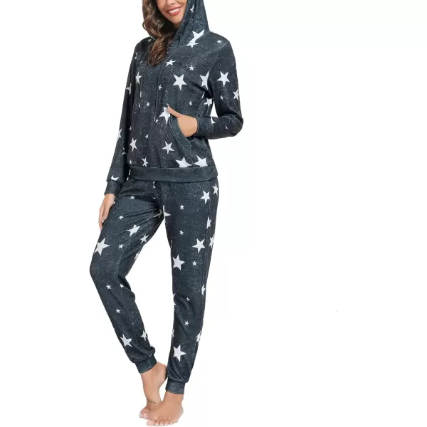 SWOMOG Womens Pajama Set Pullover Hoodie Pajamas Long Sleeve Warm Pjs with Kangaroo Pocket 2 Piece SleepwearDark Grey