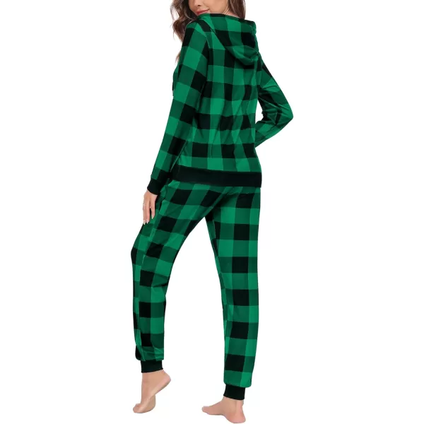 SWOMOG Womens Pajama Set Pullover Hoodie Pajamas Long Sleeve Warm Pjs with Kangaroo Pocket 2 Piece SleepwearGreen Plaid