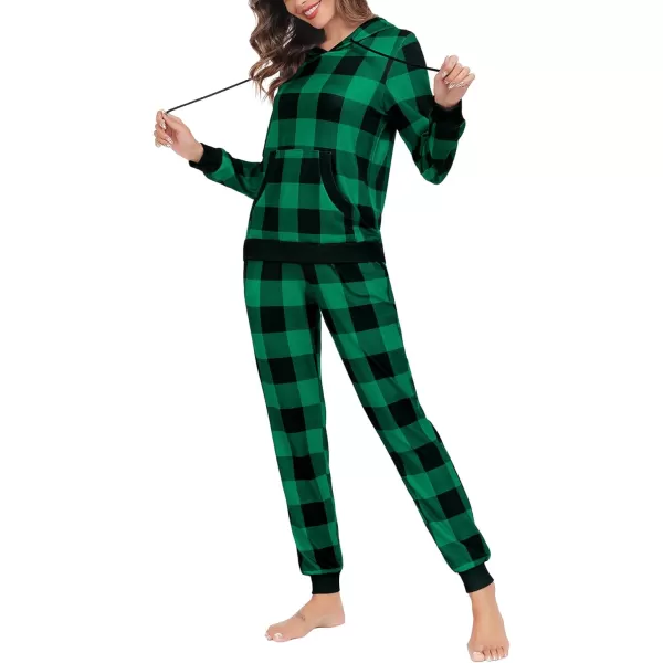 SWOMOG Womens Pajama Set Pullover Hoodie Pajamas Long Sleeve Warm Pjs with Kangaroo Pocket 2 Piece SleepwearGreen Plaid