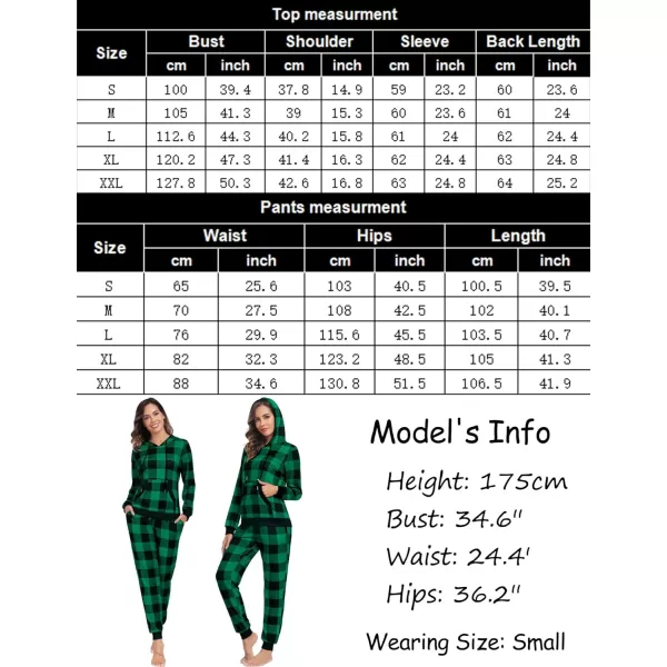 SWOMOG Womens Pajama Set Pullover Hoodie Pajamas Long Sleeve Warm Pjs with Kangaroo Pocket 2 Piece SleepwearGreen Plaid