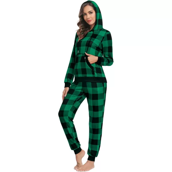 SWOMOG Womens Pajama Set Pullover Hoodie Pajamas Long Sleeve Warm Pjs with Kangaroo Pocket 2 Piece SleepwearGreen Plaid