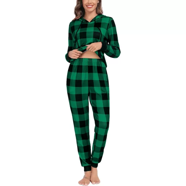 SWOMOG Womens Pajama Set Pullover Hoodie Pajamas Long Sleeve Warm Pjs with Kangaroo Pocket 2 Piece SleepwearGreen Plaid