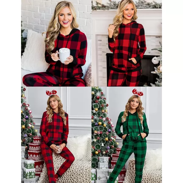 SWOMOG Womens Pajama Set Pullover Hoodie Pajamas Long Sleeve Warm Pjs with Kangaroo Pocket 2 Piece SleepwearGreen Plaid