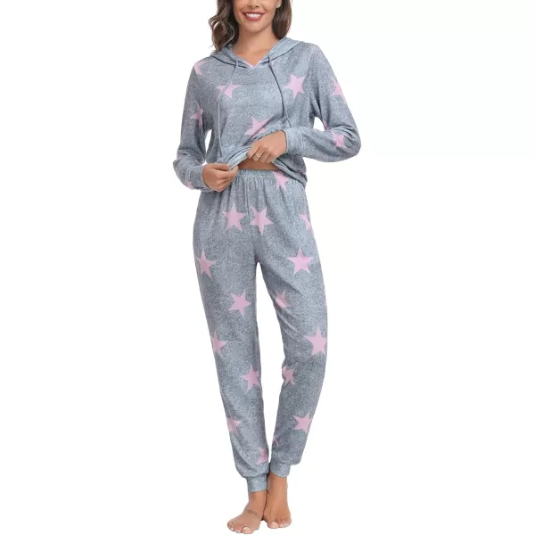 SWOMOG Womens Pajama Set Pullover Hoodie Pajamas Long Sleeve Warm Pjs with Kangaroo Pocket 2 Piece SleepwearLight Grey