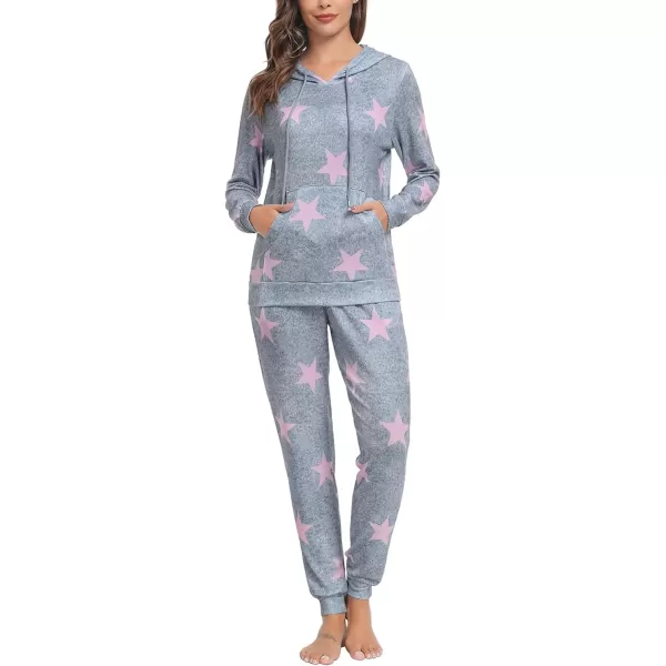 SWOMOG Womens Pajama Set Pullover Hoodie Pajamas Long Sleeve Warm Pjs with Kangaroo Pocket 2 Piece SleepwearLight Grey