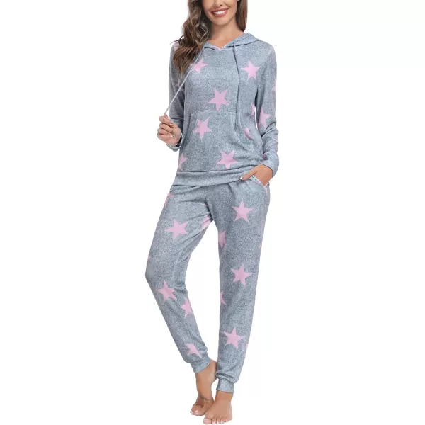 SWOMOG Womens Pajama Set Pullover Hoodie Pajamas Long Sleeve Warm Pjs with Kangaroo Pocket 2 Piece SleepwearLight Grey