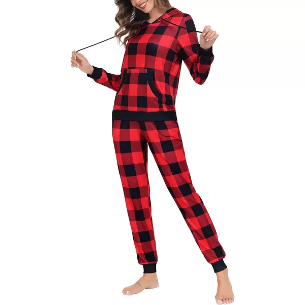 SWOMOG Womens Pajama Set Pullover Hoodie Pajamas Long Sleeve Warm Pjs with Kangaroo Pocket 2 Piece SleepwearRed Plaid