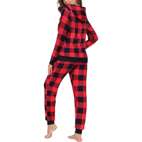 SWOMOG Womens Pajama Set Pullover Hoodie Pajamas Long Sleeve Warm Pjs with Kangaroo Pocket 2 Piece SleepwearRed Plaid