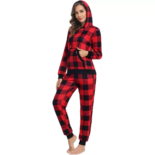 SWOMOG Womens Pajama Set Pullover Hoodie Pajamas Long Sleeve Warm Pjs with Kangaroo Pocket 2 Piece SleepwearRed Plaid