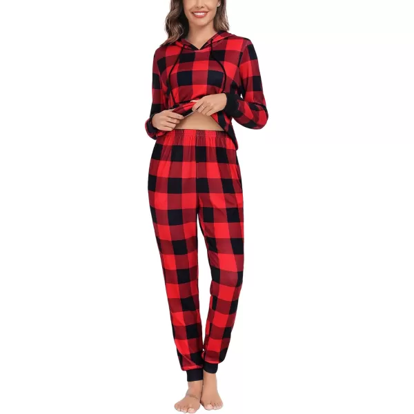 SWOMOG Womens Pajama Set Pullover Hoodie Pajamas Long Sleeve Warm Pjs with Kangaroo Pocket 2 Piece SleepwearRed Plaid