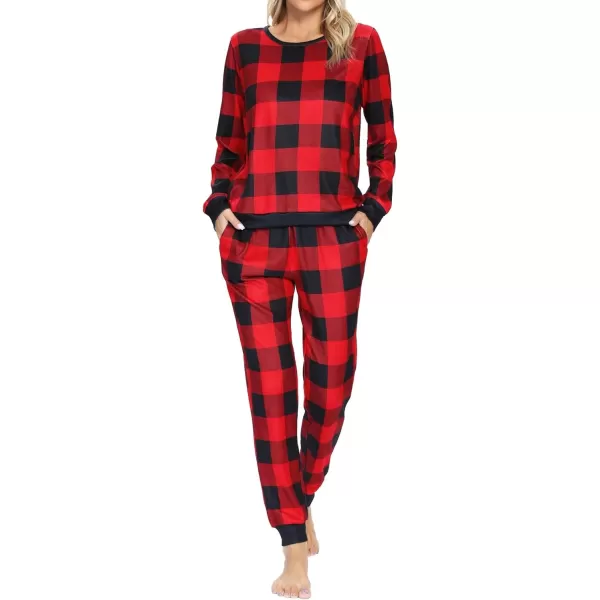 SWOMOG Womens Pajama Sets 2 Pcs Printed Lounge Sets Long Sleeve Sleepwear O Neck Pjs Sets with PocketsBlack Red Plaid