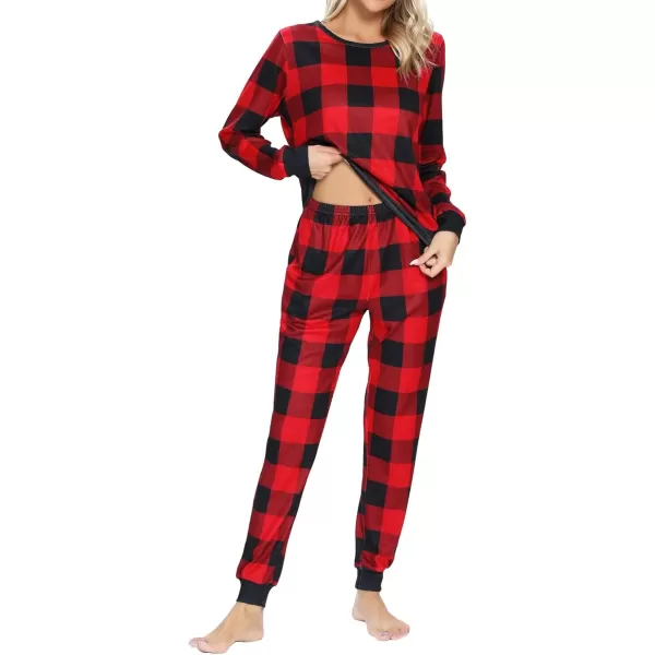 SWOMOG Womens Pajama Sets 2 Pcs Printed Lounge Sets Long Sleeve Sleepwear O Neck Pjs Sets with PocketsBlack Red Plaid