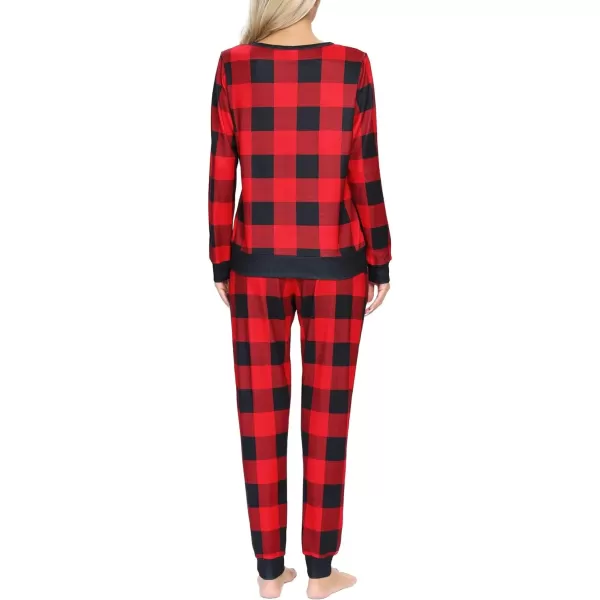 SWOMOG Womens Pajama Sets 2 Pcs Printed Lounge Sets Long Sleeve Sleepwear O Neck Pjs Sets with PocketsBlack Red Plaid