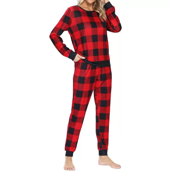 SWOMOG Womens Pajama Sets 2 Pcs Printed Lounge Sets Long Sleeve Sleepwear O Neck Pjs Sets with PocketsBlack Red Plaid