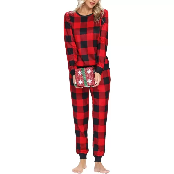 SWOMOG Womens Pajama Sets 2 Pcs Printed Lounge Sets Long Sleeve Sleepwear O Neck Pjs Sets with PocketsBlack Red Plaid