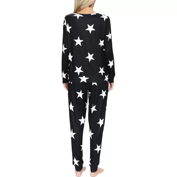 SWOMOG Womens Pajama Sets 2 Pcs Printed Lounge Sets Long Sleeve Sleepwear O Neck Pjs Sets with PocketsBlack Star