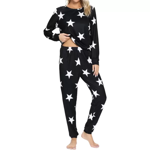 SWOMOG Womens Pajama Sets 2 Pcs Printed Lounge Sets Long Sleeve Sleepwear O Neck Pjs Sets with PocketsBlack Star